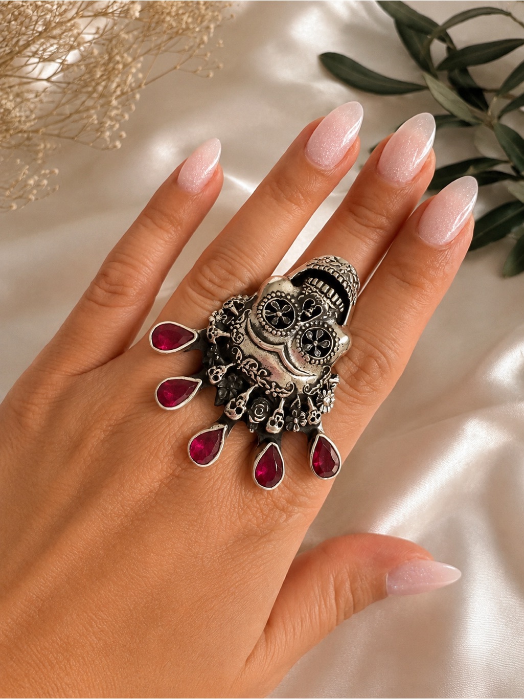 Silver Statement Skull Ring With Ruby Teardrop Accents